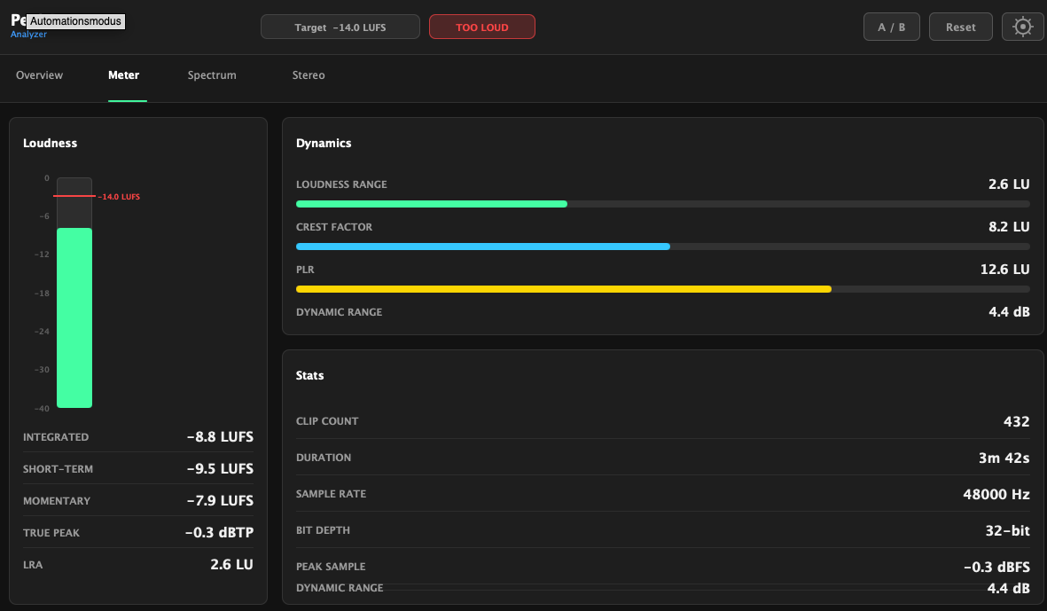PeakSense meter screen